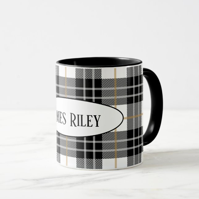 Taza macedonia de tartán blanco y negro con nombre (Anverso derecho)