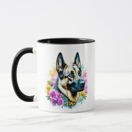 Taza Madre Pastor Alemán Flores Rosas y Amarillas