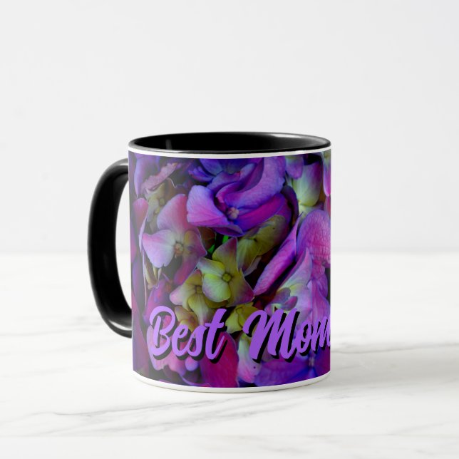 Taza Magenta Púrpura amarillo Hydrangeas flores mamá (Anverso izquierdo)