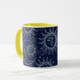 Taza Magia Azul Vintage Sol Luna Estrellas Celestiales