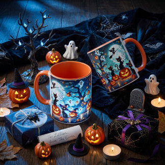 Taza Magia de Medianoche: Gatos Negros y Calabazas de H