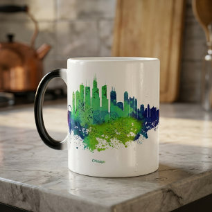 Taza Mágica Acuarela del Skyline de Chicago en azul y cal