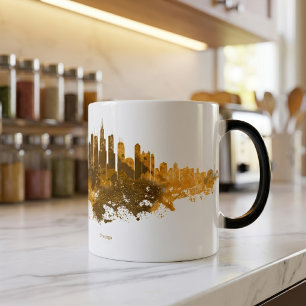 Taza Mágica Acuarela del Skyline de Chicago en naranja
