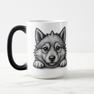 Taza Mágica Adorable Husky Puppy Wood Engraving Style