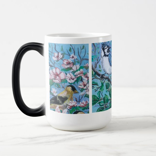 Taza Mágica Amantes de las aves azul mano pintura arte (Izquierda)