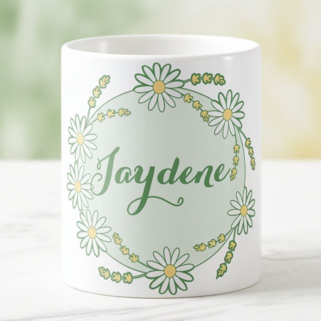Taza Mágica Amarillo Pastel Verde Dacia Personalizada (Daisies in green and yellow with place to customize the name. Hand drawn for your pleasure.)