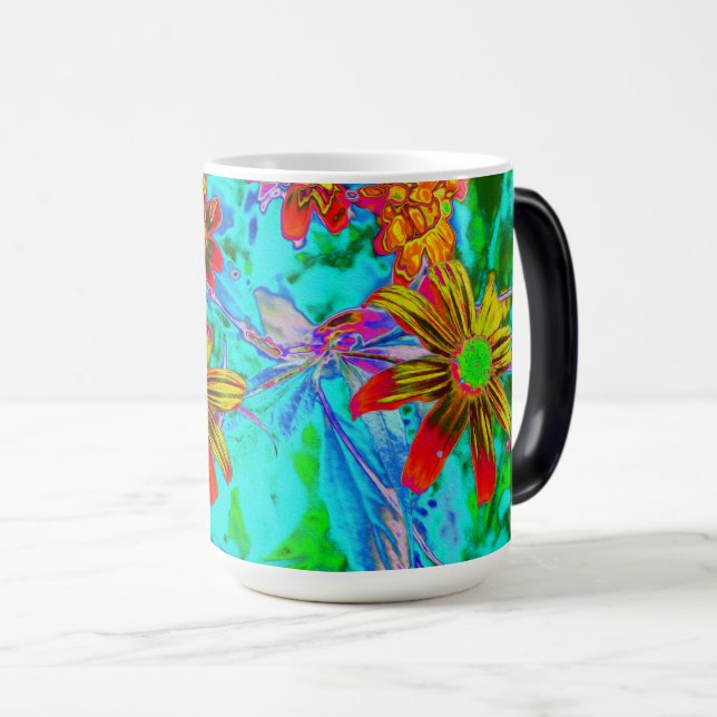 Taza Mágica Aqua Tropical con flores amarillas y Naranjas (Anverso derecho)