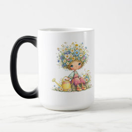 Taza Mágica Arte de jardín de acuarela floral linda niña