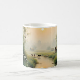 Taza Mágica Arte en Acuarela de la Niebla Matutina en un Puebl