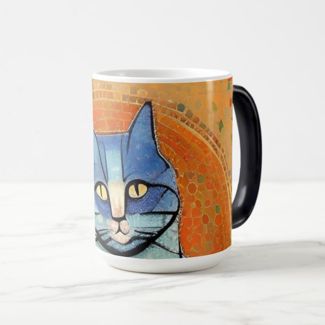 Taza Mágica Azul gato mosaico marroquí arte abstracto sol dora (Anverso derecho)