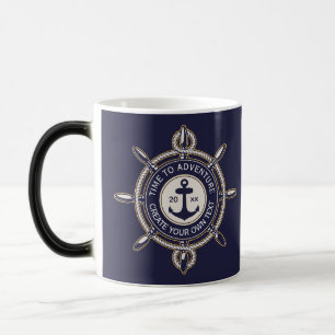 Taza Mágica Azul Marino y Beige Redondo con Brújula Costera