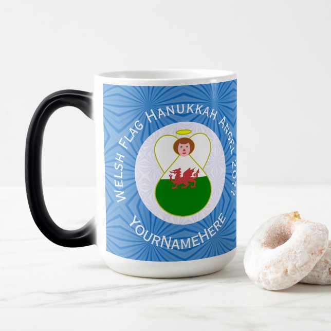 Taza Mágica Bandera de Angel Hanukkah galesa personalizada (Con donut)