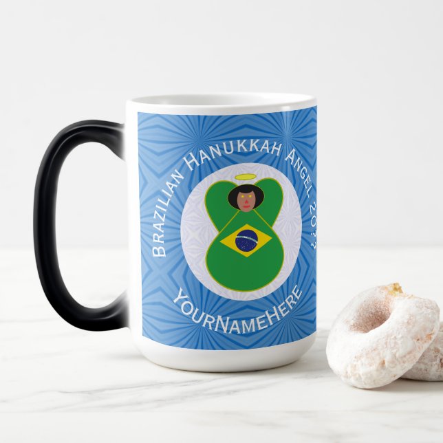 Taza Mágica Bandera del Ángel de Hanukkah brasileño personaliz (Con donut)