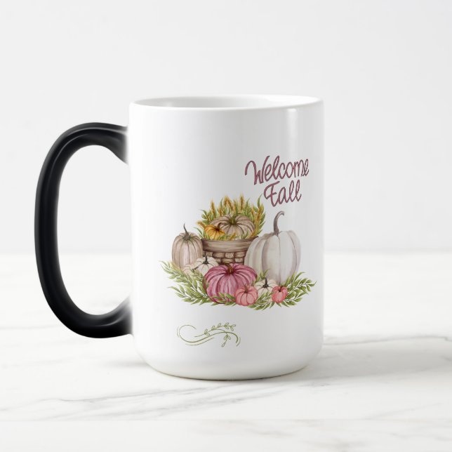 Taza Mágica Bienvenida Caída Calabazas Blancas Rosadas Otoño (Izquierda)