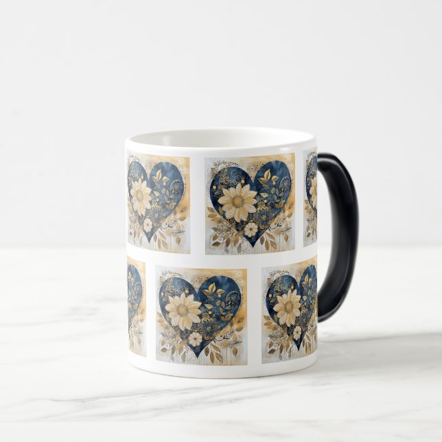 Taza Mágica Blue & Gold Boho Flor Heart Art (Anverso derecho)