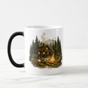 Taza Mágica Cabaña Rústica en el Bosque con Fuego de Campament