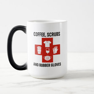 Taza Mágica Café, crubos y guantes de goma