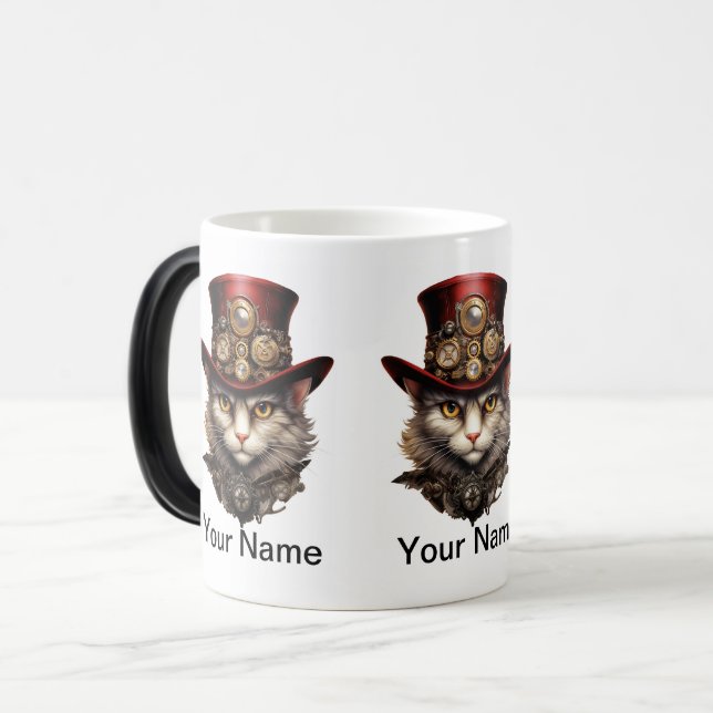 Taza Mágica Cat Steampunk con sombrero rojo superior (Anverso izquierdo)