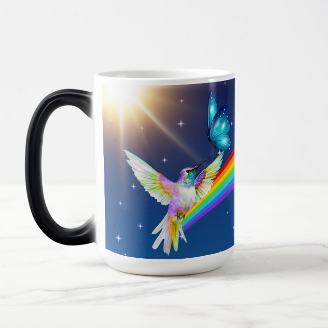 Taza Mágica Cielo nocturno, dos pájaros, mariposas y arcoiris (Izquierda)