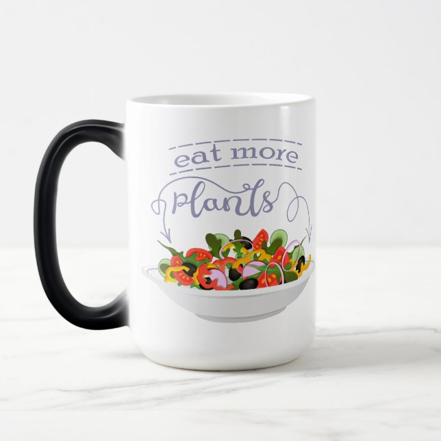 Taza Mágica Coma más plantas con letras de motivación de ensal (Izquierda)
