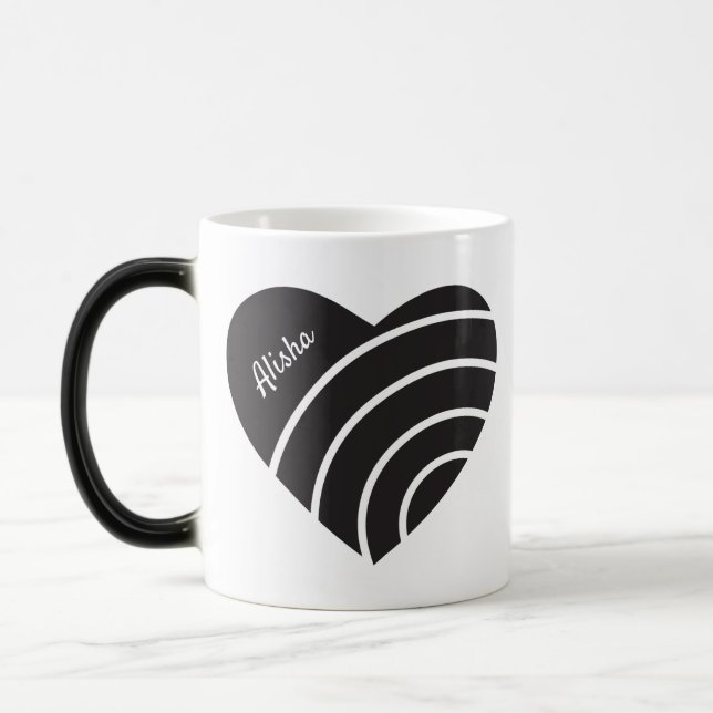 Taza Mágica Corazón negro lindo con anillos monogramados (Izquierda)