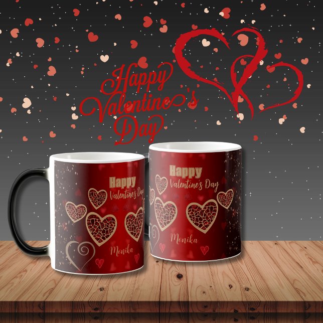 Taza Mágica Corazones dorados rojos degradados San Valentín (Gradient Red Gold Hearts Valentine Magic Mug)