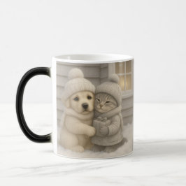 Taza Mágica Cozy Winter Mug with Puppy and Kitten Illustration
