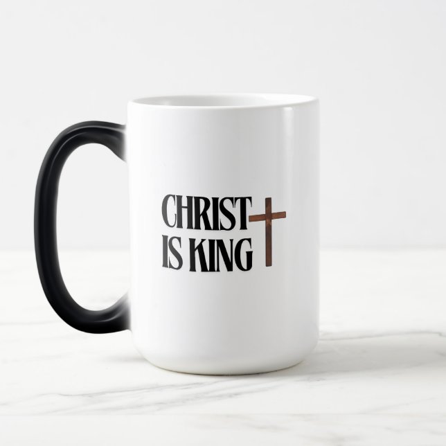 Taza Mágica Cristo es Rey | Texto negro y cruz de madera marró (Izquierda)