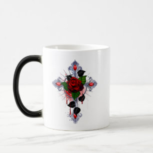 Taza Mágica Cruz de Plata con una Rosa Roja