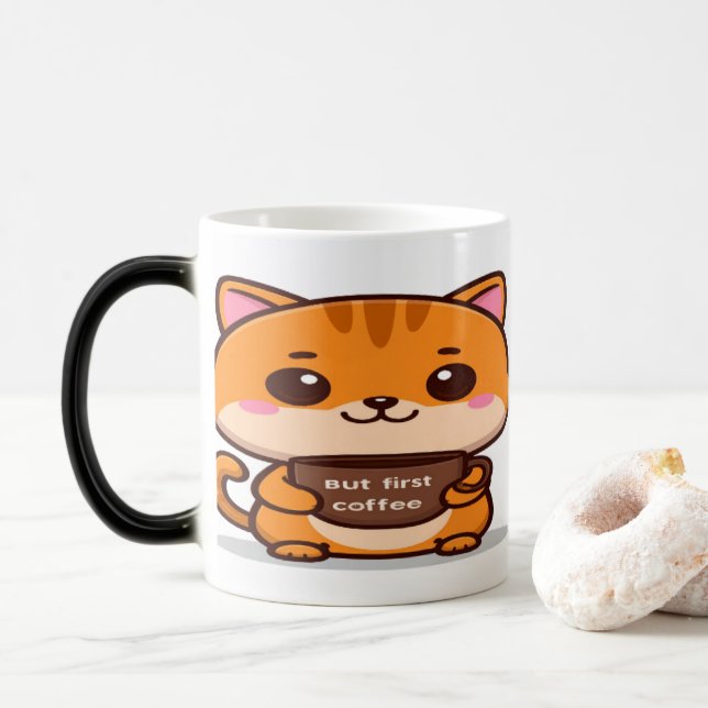 Taza Mágica Cute Orange Tabby But First Coffee (Con donut)