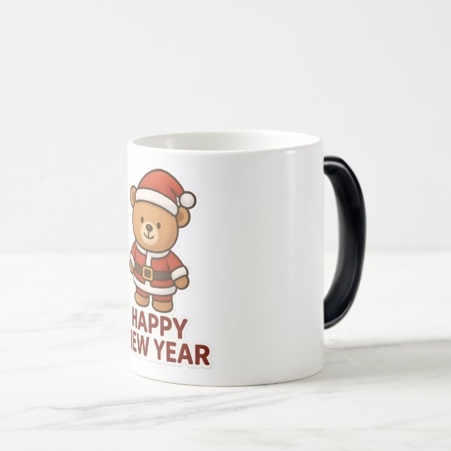 Taza Mágica Cute Teddy Bear Santa Happy New Year Sticker (Anverso derecho)