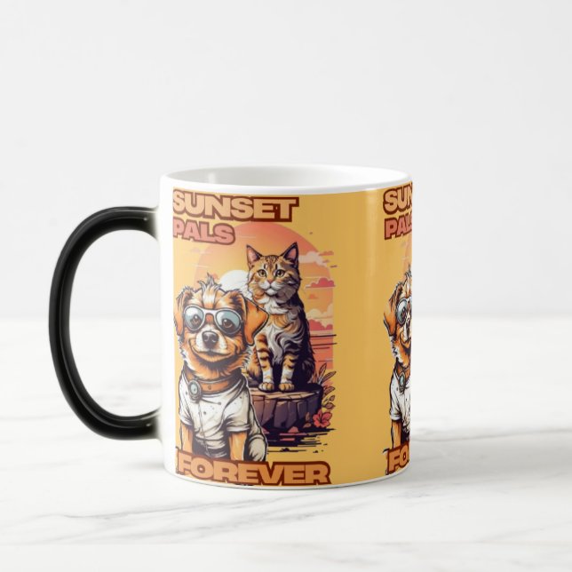 Taza Mágica Dibujo estilizado de perro y gato al atardecer (Izquierda)