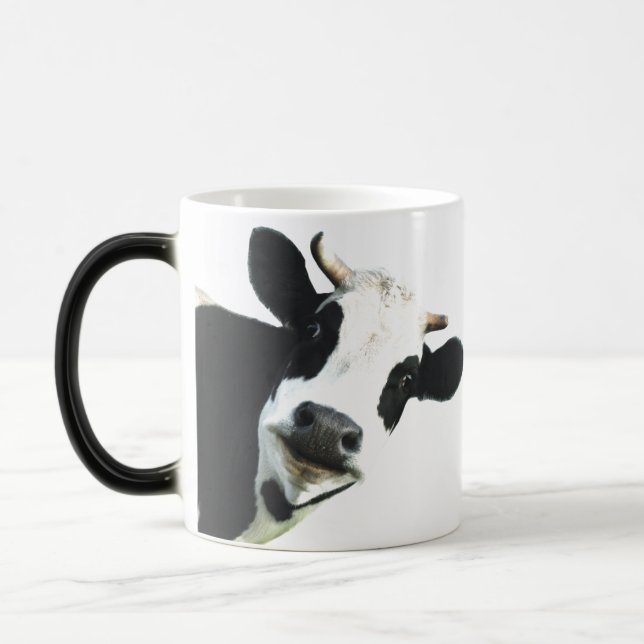 Taza Mágica Diversión de arte gráfico Vaca Curiosa en blanco y (Izquierda)