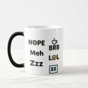 Taza Mágica Divertida jerga Mug - No, Meh, BRB, LOL, Zzz