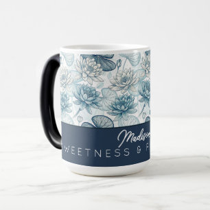 Taza Mágica Elegant Monogram Blue Water Lily and Lotus