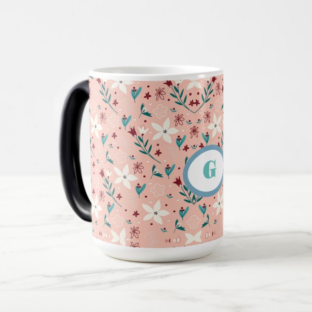 Taza Mágica Elegante hogar de patrones rosados frorales (Anverso izquierdo)