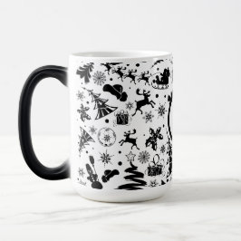 Taza Mágica Elegante monograma de Feliz Navidad en blanco y ne