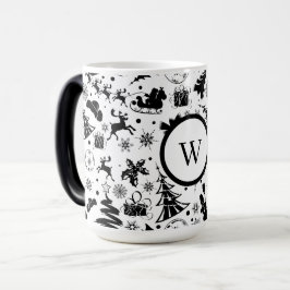 Taza Mágica Elegante monograma de Feliz Navidad en blanco y ne