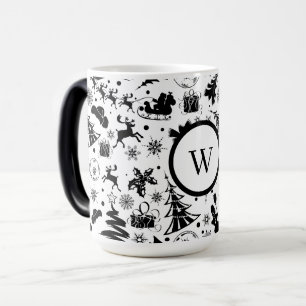 Taza Mágica Elegante monograma de Feliz Navidad en blanco y ne