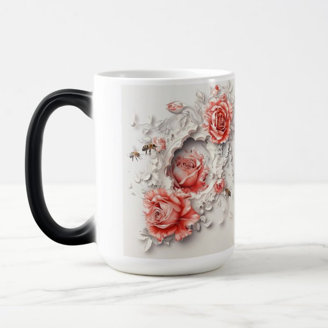 Taza Mágica Elegantes Rosas 3D, abejas y belleza botánica (Izquierda)