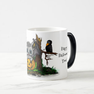 Taza Mágica Esperando Halloween , Cute Bat y Raven