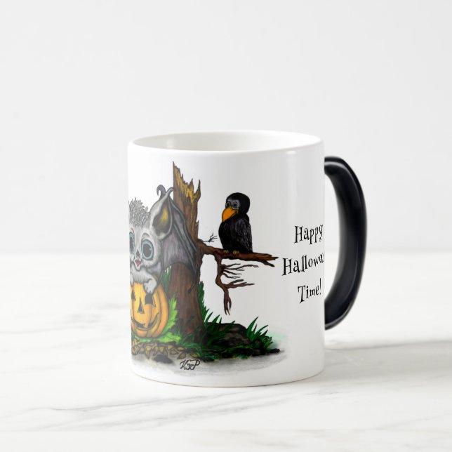 Taza Mágica Esperando Halloween , Cute Bat y Raven (Anverso derecho)