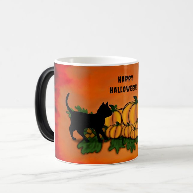 Taza Mágica Feliz Halloween, Gato Negro, Bat y Calabaza (Anverso izquierdo)