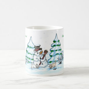Taza Mágica ¡Feliz Navidad! Hombre de nieve con gato y cachorr