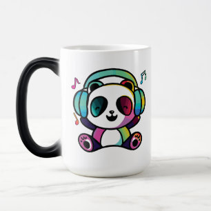 Taza Mágica Feliz Panda con auriculares escuchando música.