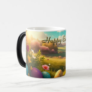 Taza Mágica Feliz Pascua en un paisaje primaveral