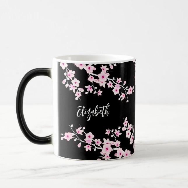 Taza Mágica Flor de cerezo negro rosado Monograma mágico (Izquierda)