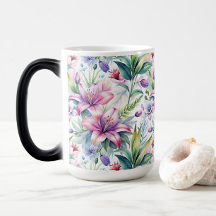 Taza Mágica Floral Watercolor Lilies Pink Violet