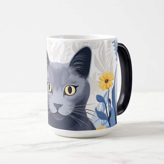 Taza Mágica Flores amarillas de gato azul ruso (Anverso derecho)