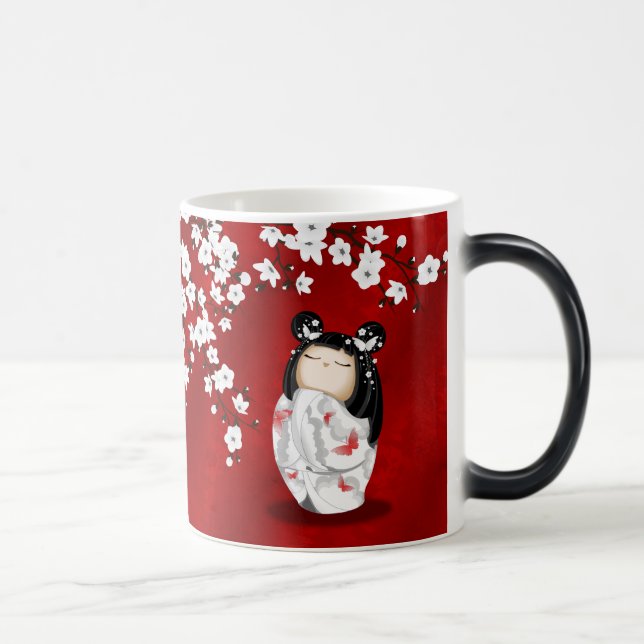 Taza Mágica Flores de cerezo blanco rojo de muñeca Kokeshi (Derecha)